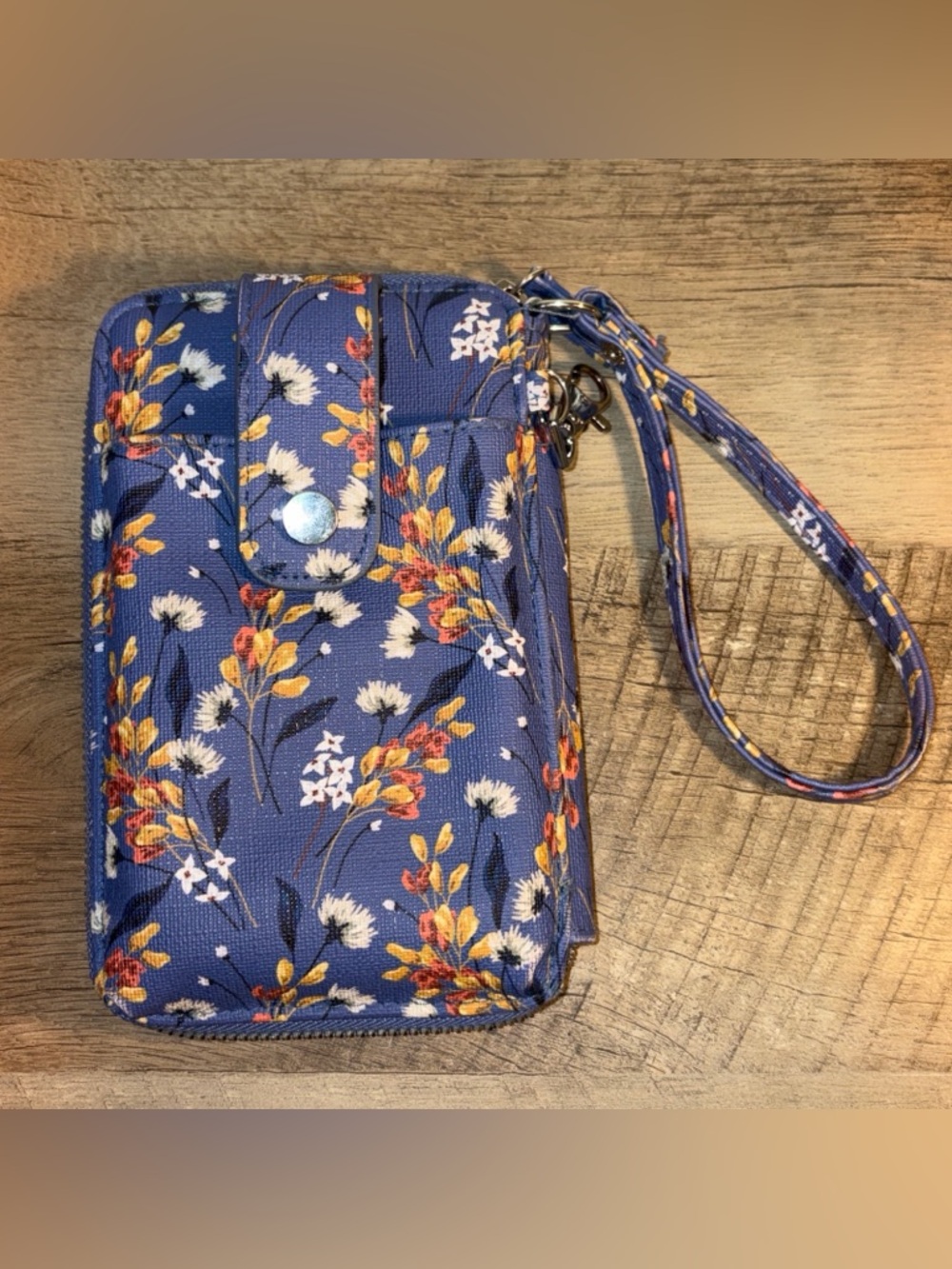 Blue Floral Wallet Wristlet With Zip Made From Recycled Material Eco Friendly